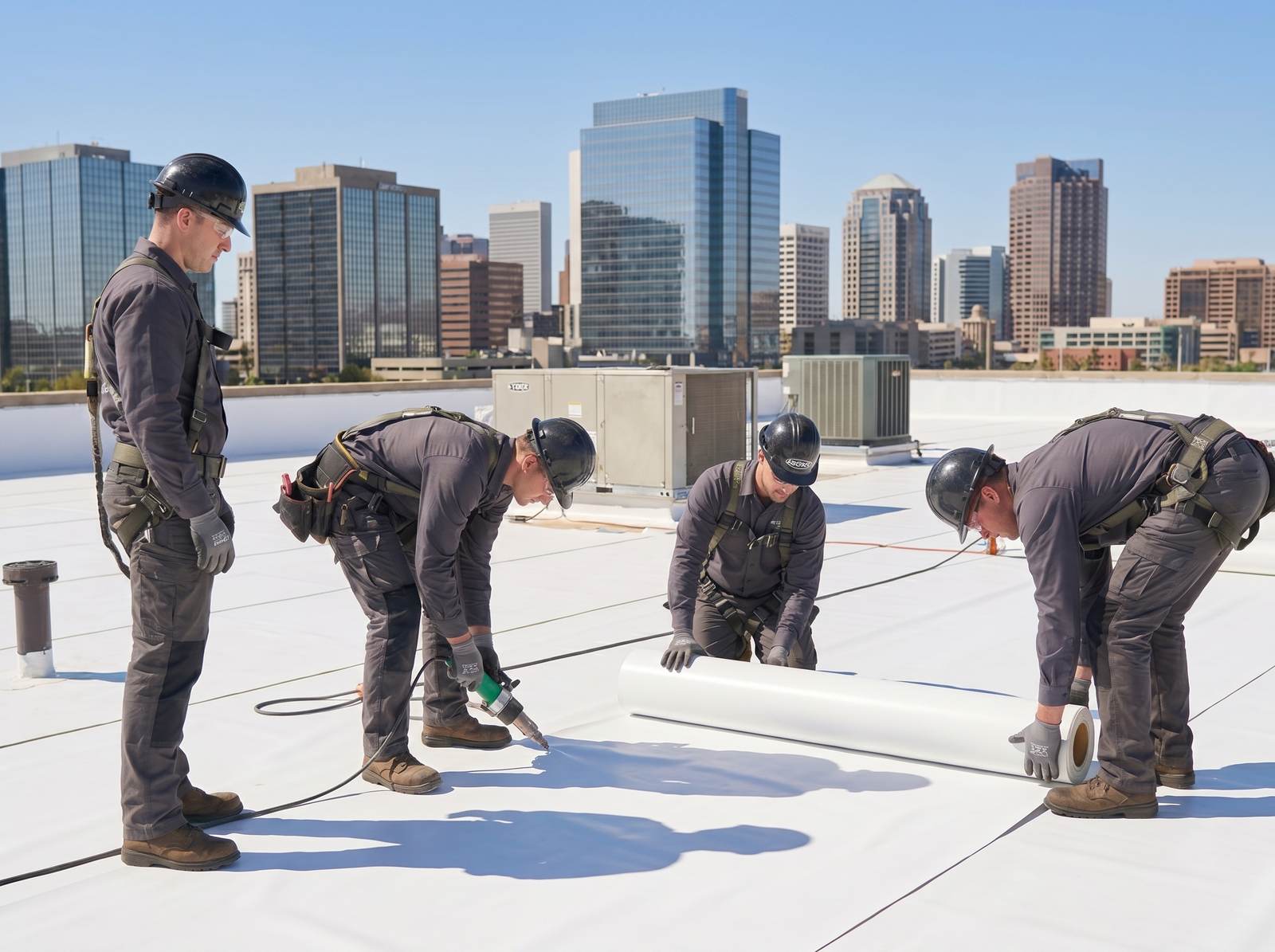 Crew installing membrane roofing with the Phoenix skyline behind