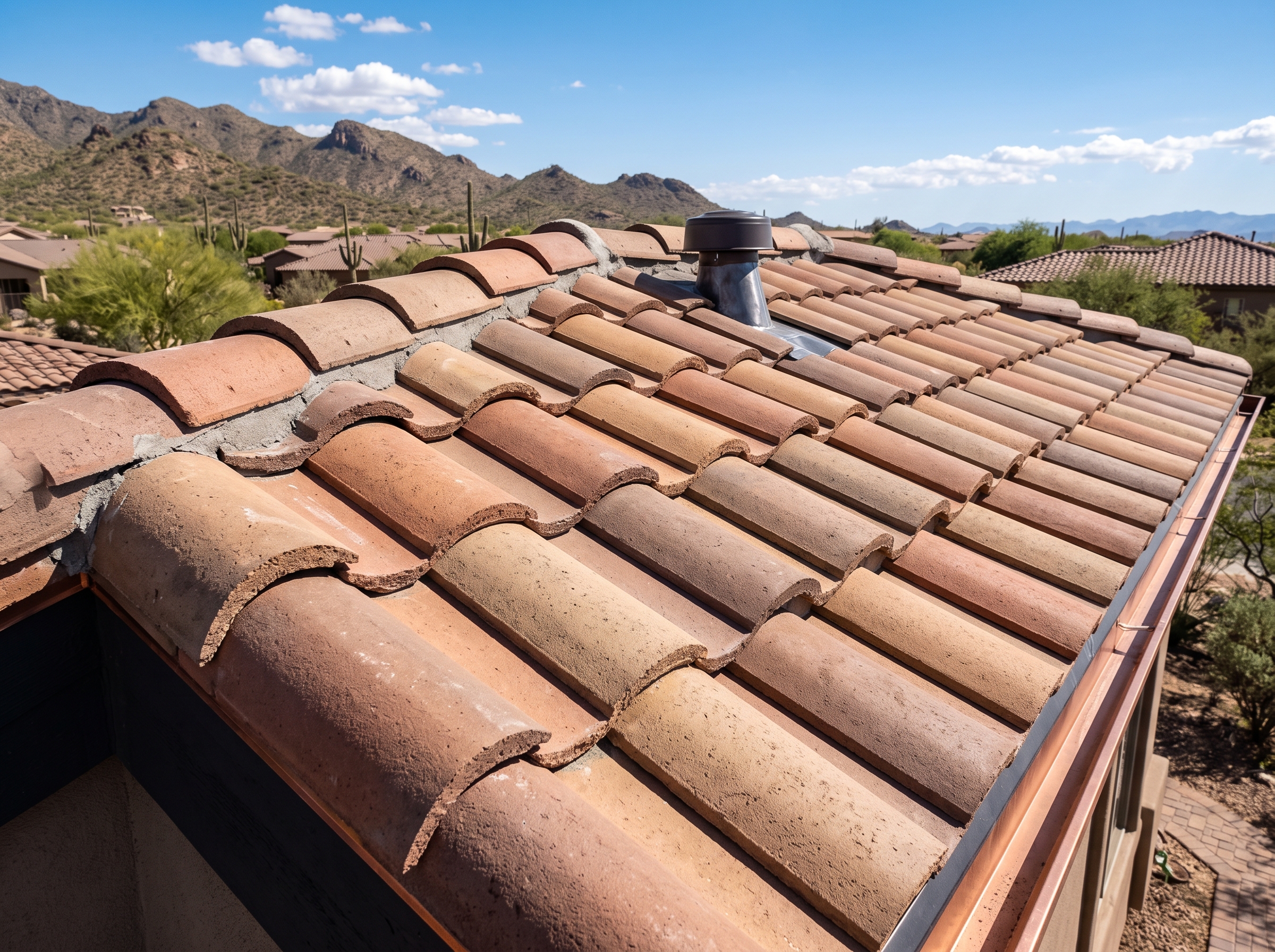 Concrete barrel tile roof with copper gutter and desert mountain views, Arizona
