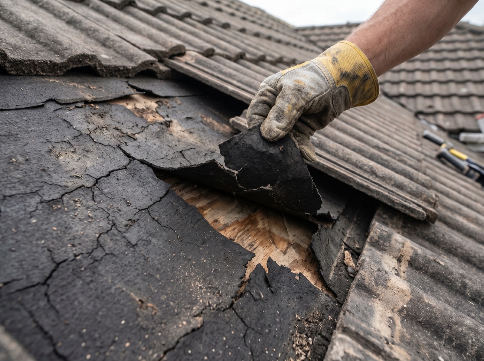 Cracked, brittle felt underlayment exposed beneath lifted tiles on an aging roof