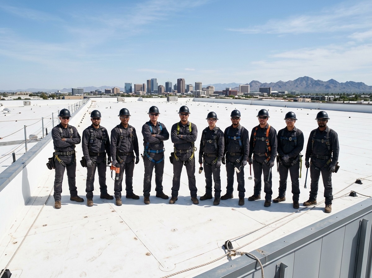 CDL Roofing crew standing on a commercial flat roof with the Phoenix skyline behind them