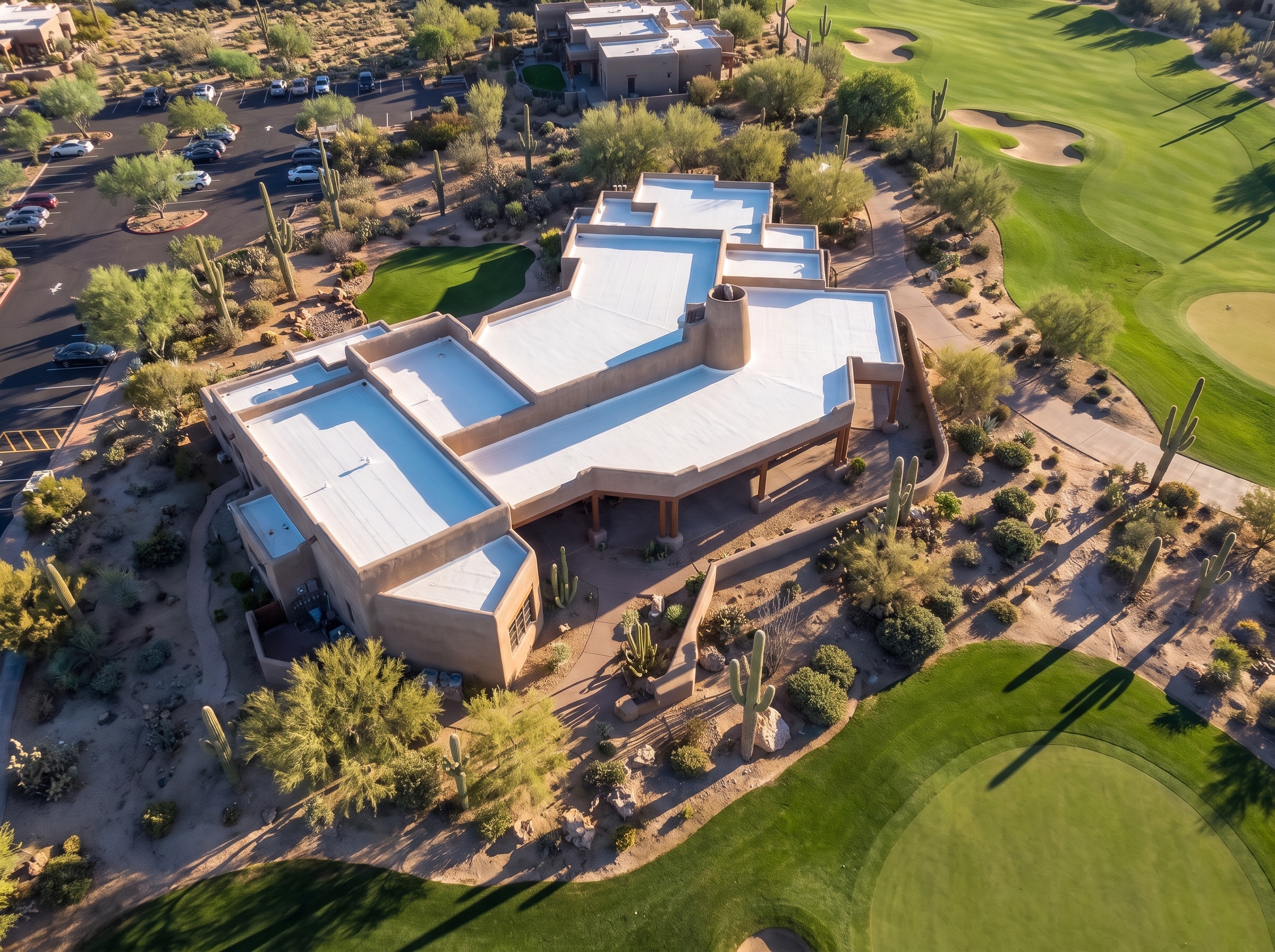 Aerial view of the Legend Trail Golf Club clubhouse in North Scottsdale with its white spray foam roof beside the golf course