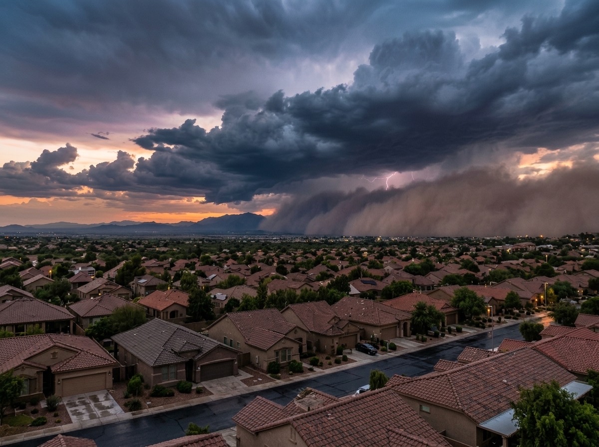 Monsoon dust storm and lightning rolling over tile roofs in the Phoenix valley