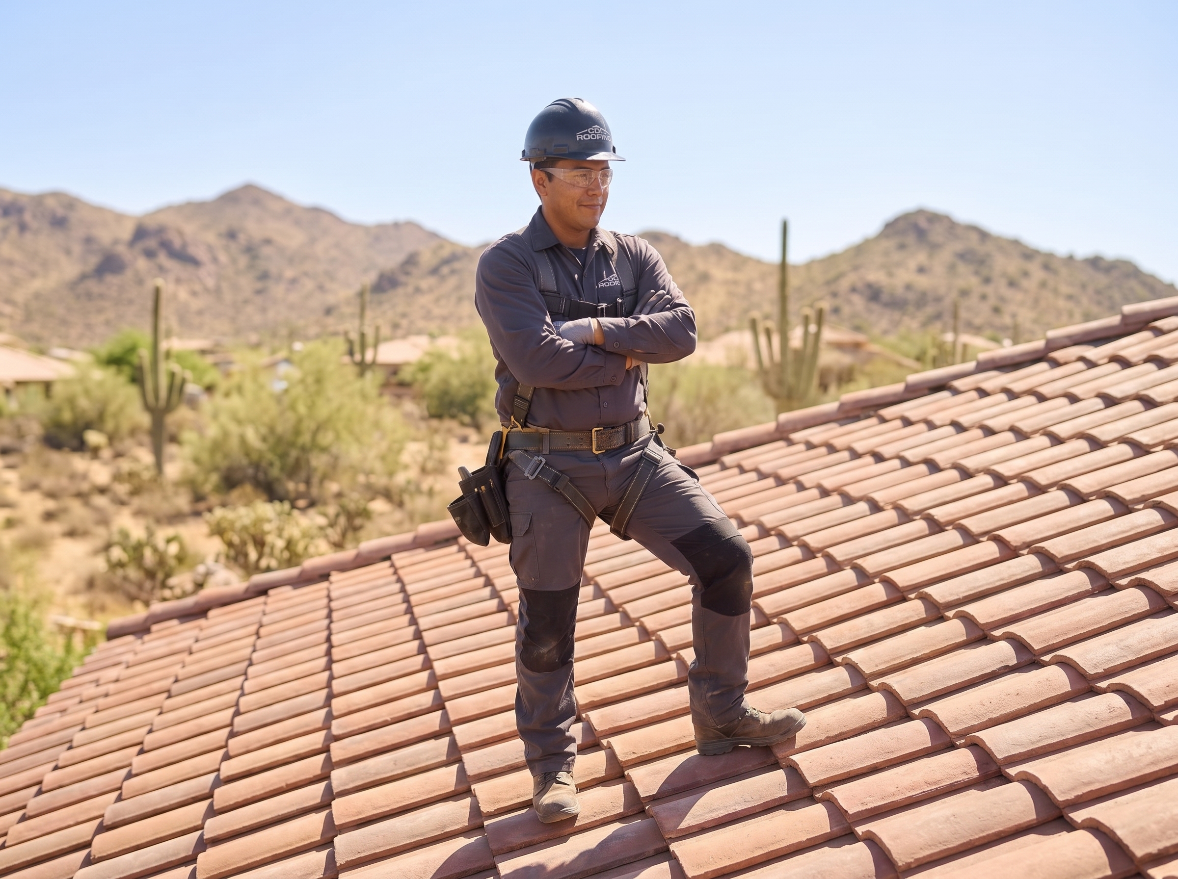 A CDL Roofing crew member in a gray uniform and harness standing with pride on a finished Arizona tile roof, desert mountains behind
