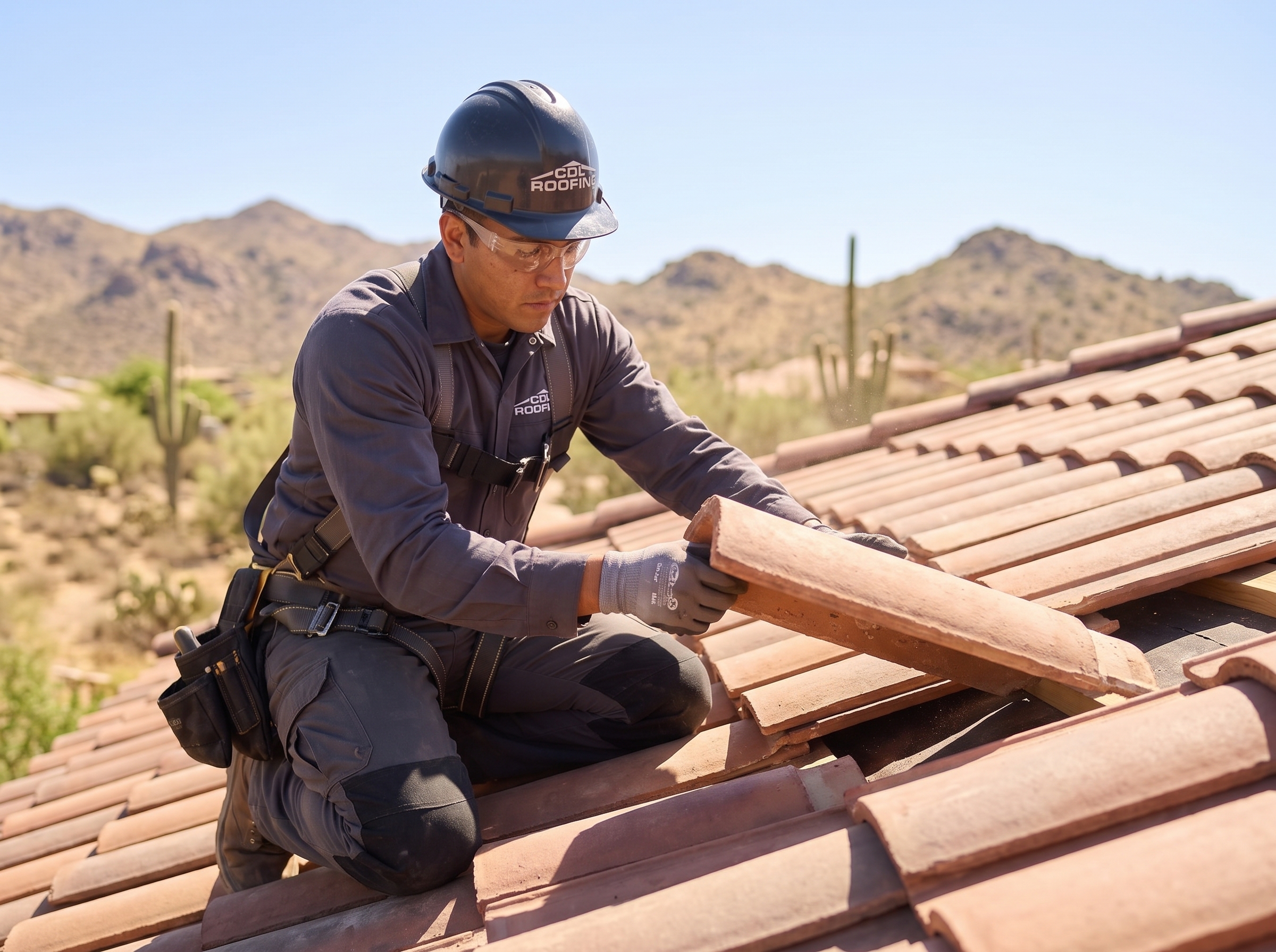 CDL Roofing crew member in a gray uniform setting a concrete tile on an Arizona tile roof