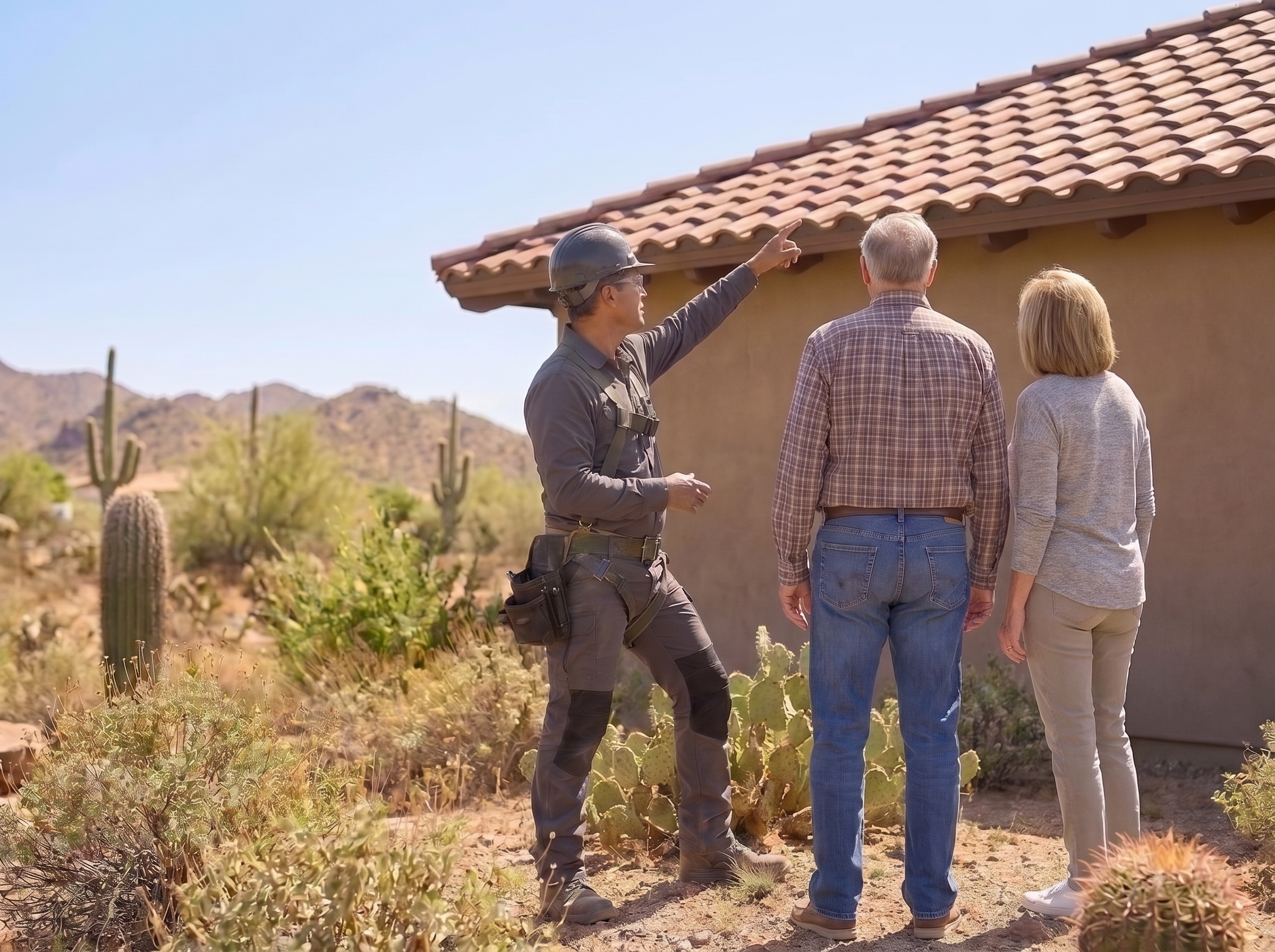A CDL Roofing crew member in a gray uniform pointing out signs of roof wear to Arizona homeowners beside their tile-roofed home
